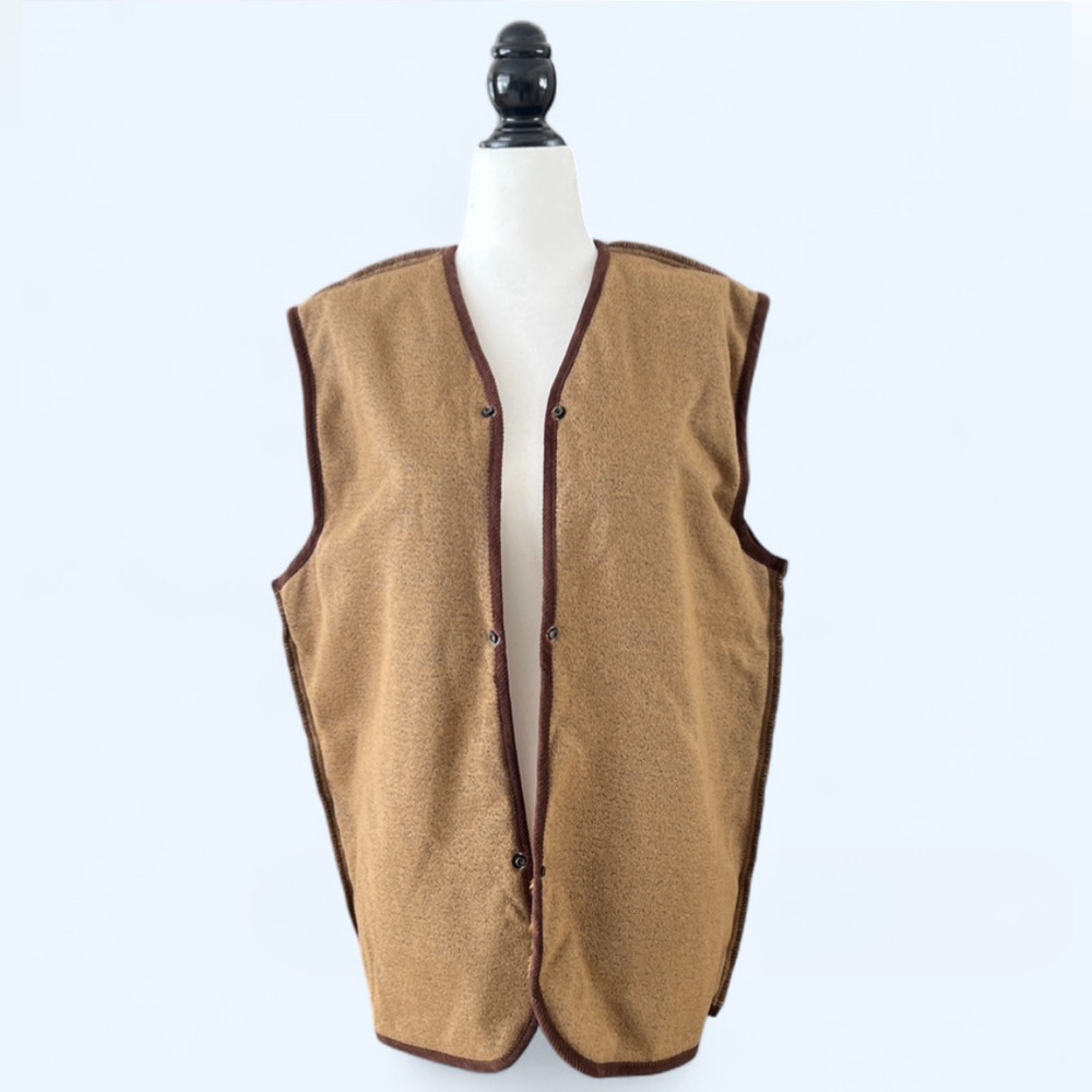Vintage‎  Oxford Blue Thermal Tan Brown Winter Fall Faux Acrylic Fur Lined Vest